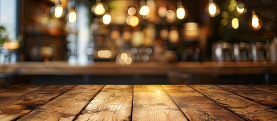 Aufkleber - Bokeh background at a coffee shop with a blurred effect behind the chosen empty brown wooden table perfect for product displays with copy space image
