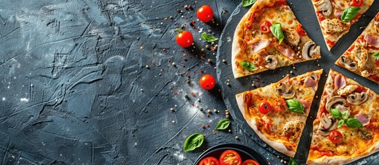 Poster - Pizza slices with cheese chicken ham mushrooms and tomatoes on a stone background for your text alongside the copy space image