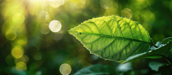 Leinwandbilder - Nature s beauty captured with a vibrant green leaf set against a blurred green backdrop bathed in sunlight Features bokeh effect and copy space image for an ecological wallpaper theme