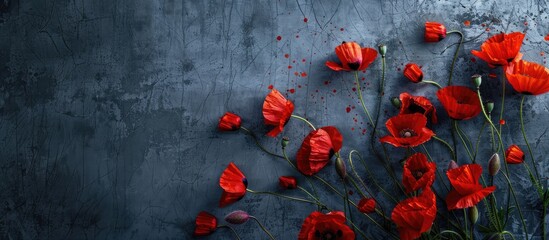 Aufkleber - Bird s eye view of vibrant red poppy blossoms against a dark metallic backdrop with space for text in an edited photo. with copy space image. Place for adding text or design