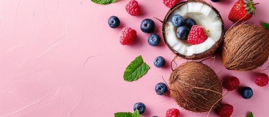 Leinwandbilder - Ripe coconuts with fresh berries mint on pink backdrop with copy space image in pop art style creative minimalist flat lay summer concept top down view