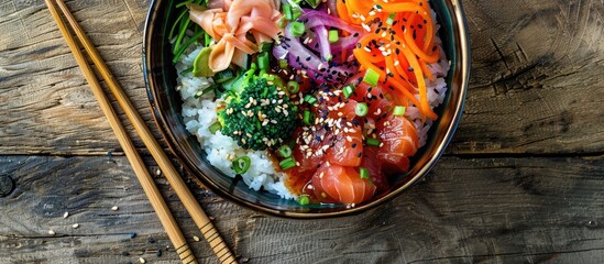 Poster - A poke bowl displayed from above on a wooden surface featuring chopsticks beside it This dish combines Native Hawaiian and Japanese culinary influences with open space for additional elements in the i