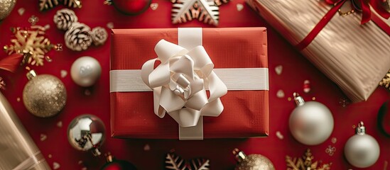 Poster - Close up top view of Christmas presents displaying a beautifully decorated gift box with a white ribbon bow creating a festive copy space image