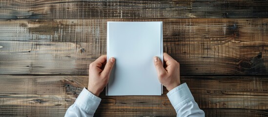 Wall Mural - Man displaying empty brochures on wooden table seen from above with a placeholder for custom content copy space image