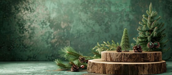 Two wooden podiums with a rustic finish and fir tree decorations set on a green background are designed for showcasing eco friendly cosmetic products embodying a natural materials theme in a Christma