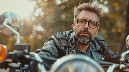 Wall Mural - Cool Man in Glasses and Leather Jacket Riding Motorcycle