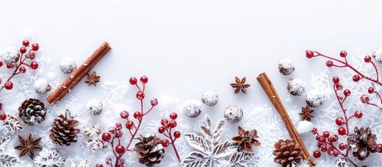 Leinwandbilder - Christmas themed border design featuring snow cinnamon sticks and berries on a white background with a copy space image capturing a festive holiday atmosphere for the winter season