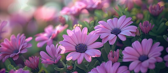 Aufkleber - A blooming bush of Purple Osteospermum flowers a type of African Daisy from the Asteraceae family with ample copy space image