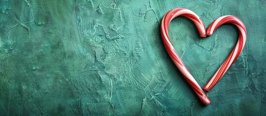 Fototapete - Christmas candy cane heart on green background with copy space image viewed from the top symbolizing love for Valentine s Day ideal for New Year and Christmas cards