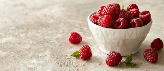 Wall Mural - A white ceramic bucket with fresh raspberries on a light background featuring copy space image