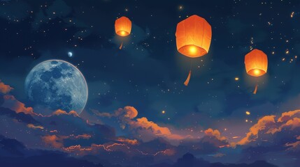 A painting of a moon and three orange lanterns in the sky