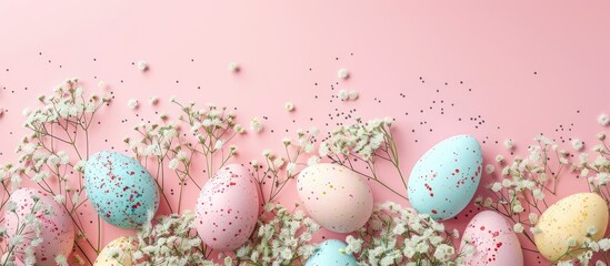 Canvas Print - Attractive Easter display with colored eggs gypsophila and copy space image perfect for festive greetings