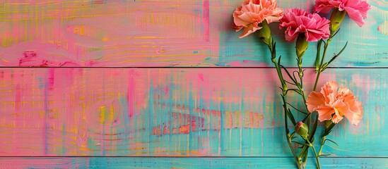 Poster - Mother s Day photography concept featuring lovely carnations on a template card set against a vibrant wooden backdrop with empty space for text shot from above in a flat lay style