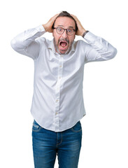 Canvas Print - Handsome middle age elegant senior business man wearing glasses over isolated background Crazy and scared with hands on head, afraid and surprised of shock with open mouth