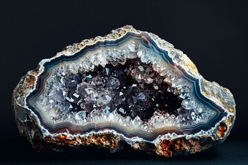 Wall Mural - A beautiful geode cut in half, revealing the sparkling crystals inside, set against a black background, 