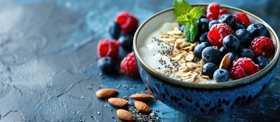 Aufkleber - A nutrient packed yogurt bowl filled with oats berries spirulina chia seeds mint and almonds makes a delicious and healthy breakfast option ideal for showcasing in a copy space image