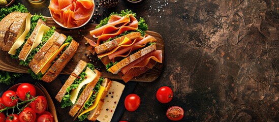 Aufkleber - A nutritious sandwich with cheese veggies and red fish displayed on a table for a wholesome break Highlighted by selective focus in a top view copy space image