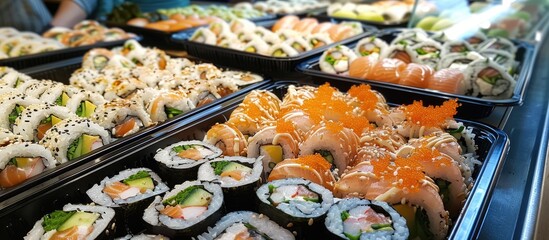 Fototapete - Sushi rolls arrayed on a restaurant table tray with a close up view and copy space image available