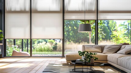 Wall Mural - Modern interior window with energy-efficient cellular shades, featuring honeycomb design for superior thermal insulation and light control in a stylish home setting.