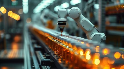 Wall Mural - A close-up shot of a robotic arm filling bottles with liquid on a production line.