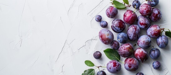 Poster - Flat lay composition with appetizing ripe plums on a white table featuring copy space image