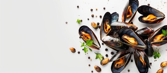 Wall Mural - Moules mariniere or Marinara mussels displayed on a clean white backdrop with copy space image