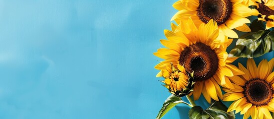 Wall Mural - Vertical banner featuring vibrant yellow sunflowers set against a blue sky backdrop designed with a copy space image for text placements as a mock up template