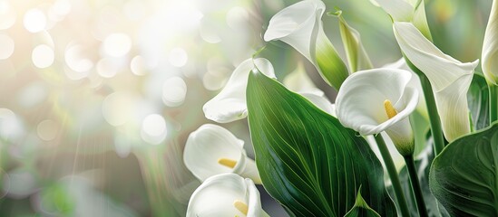 Poster - A stunning white kala or zantedeschia with beautiful flowers showcasing its elegance in a detailed copy space image