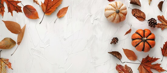Aufkleber - Autumn leaves and a pumpkin displayed on a white backdrop for a copy space image