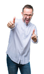 Middle age hoary senior man wearing glasses over isolated background approving doing positive gesture with hand, thumbs up smiling and happy for success. Looking at the camera, winner gesture.