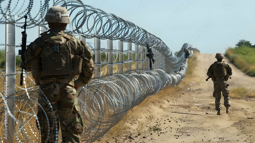 Military guards with weapons stand along the border with barbed wire ...