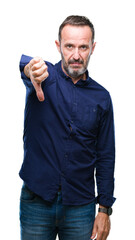 Poster - Middle age hoary senior man over isolated background looking unhappy and angry showing rejection and negative with thumbs down gesture. Bad expression.