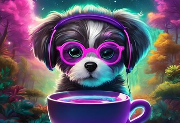 Poster - Cute puppy wearing pink glasses and headphones with a colorful forest background