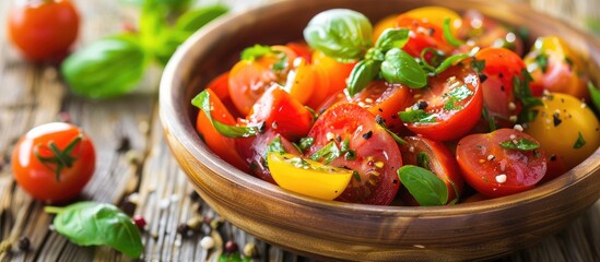 Fototapete - Fresh tomato salad a vibrant vegetable dish placed on the table with a copy space image for a delightful meal or snack background