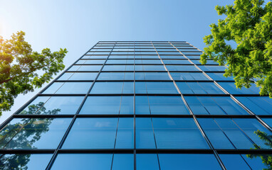 Low angle view of modern high-rise glass building reflecting blue sky and green trees. Ideal for urban architecture and cityscape themes.