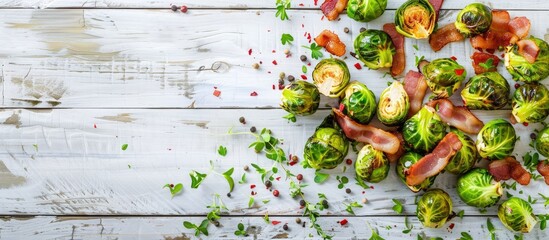 Aufkleber - Flat lay of bacon topped Brussels sprouts on white wooden surface featuring copy space image