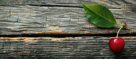 Fototapete - Old wooden table with a sour cherry and leaf providing an attractive backdrop for copy space image