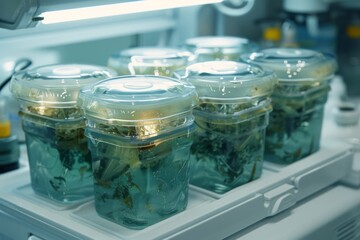 Poster - Laboratory setting with glass jars and plants, capturing a scientific and modern visual effect in a detailed illustration.