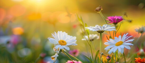 Leinwandbilder - White daisy flowers with a backdrop of other summer blooms in a copy space image