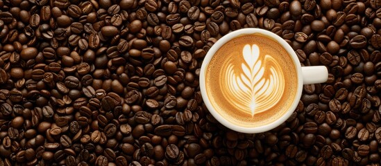 Fototapete - Latte art cup displayed on a coffee bean backdrop with copy space image