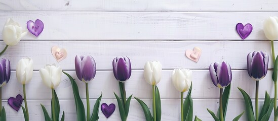 Poster - White and purple tulips arranged on a white wooden backdrop a card with watercolor hearts for Valentine s Day emphasizing International Women s Day theme with selective focus on a copy space image