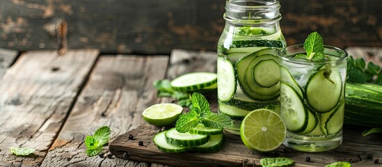 Poster - A refreshing detox water with cucumber lime and mint displayed on a wooden backdrop ideal for promoting a healthy diet and weight loss with copy space image available