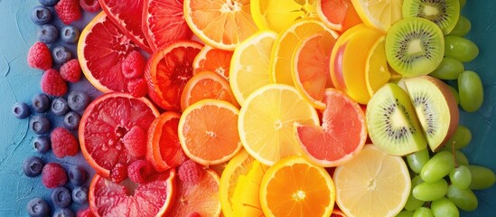 Poster - Colorful rainbow stripes made with mixed fruits and slices symbolizing healthy eating room for text in a copy space image
