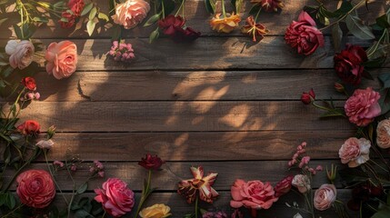 Sticker - Flowers and copy space arranged on wooden surface