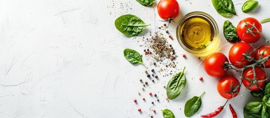 Fototapete - Tomatoes spinach and spices with olive oil on a white background with copy space image