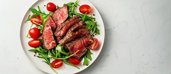 Aufkleber - Grilled beef slices with cherry tomatoes and arugula on a plate displaying beautifully against a plain background in a copy space image