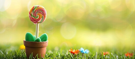Aufkleber - Spring concept depicted with a candy lollipop flower placed in a flowerpot surrounded by grass creating a cheerful scene with copy space image