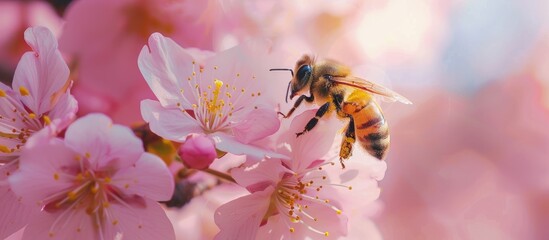 Leinwandbilder - A bee with pollen on its legs is seen on a cherry blossom in a close up photo capturing the sunny spring day atmosphere and offering copy space image