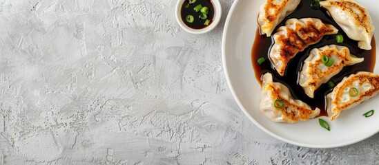 Poster - Top view of fried gyoza dumplings with soy sauce and onion on a light gray background with space for text or other elements within the image. with copy space image. Place for adding text or design