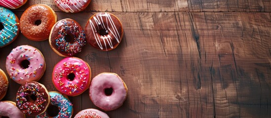 Fototapete - A variety of vibrant doughnuts with sweet toppings displayed on a rustic wooden surface shot from above to reveal a stylish presentation with ample copy space image